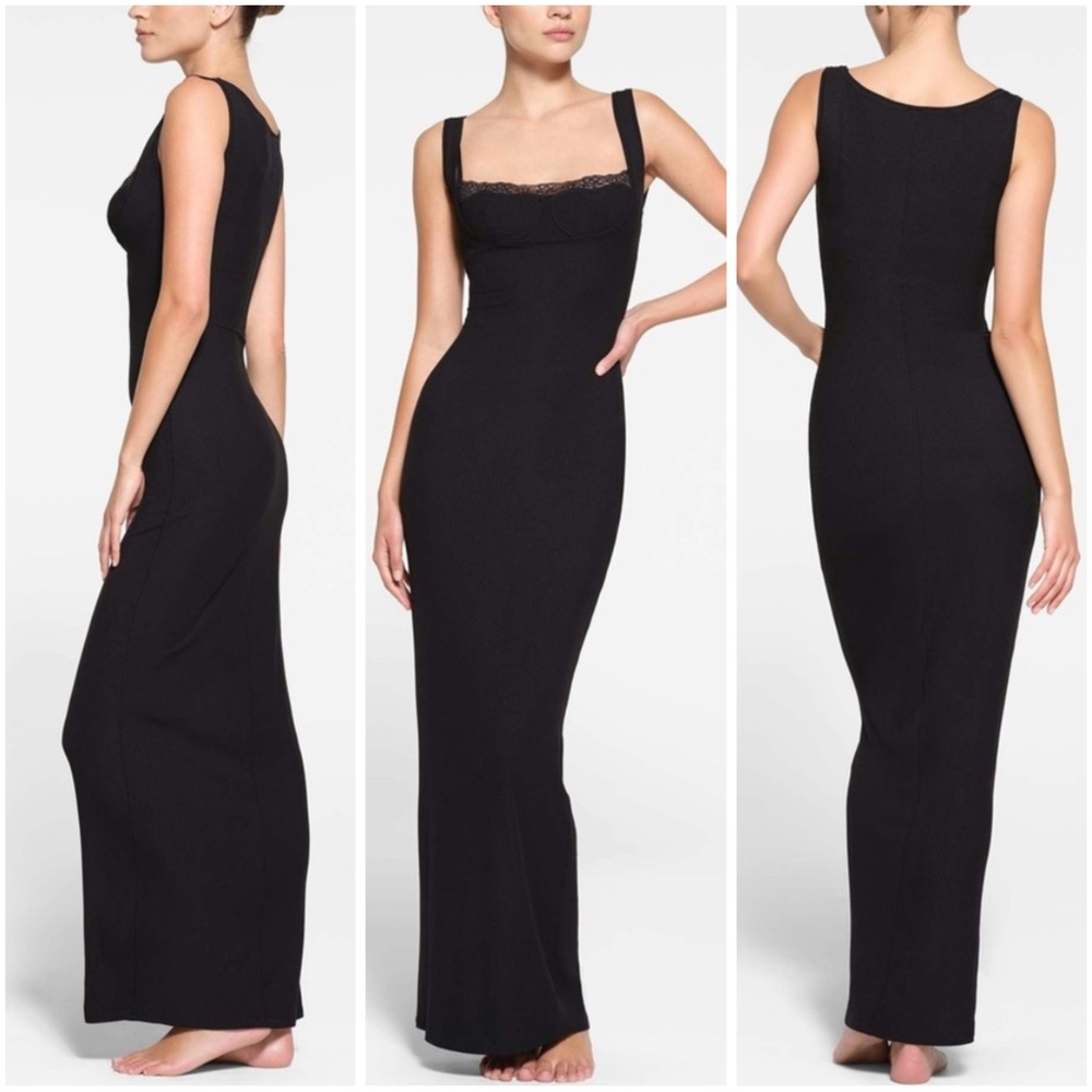 SKIMS Viral Lace Ribbed SET Soft Lounge Dress + Bralette in Onyx M NWOT